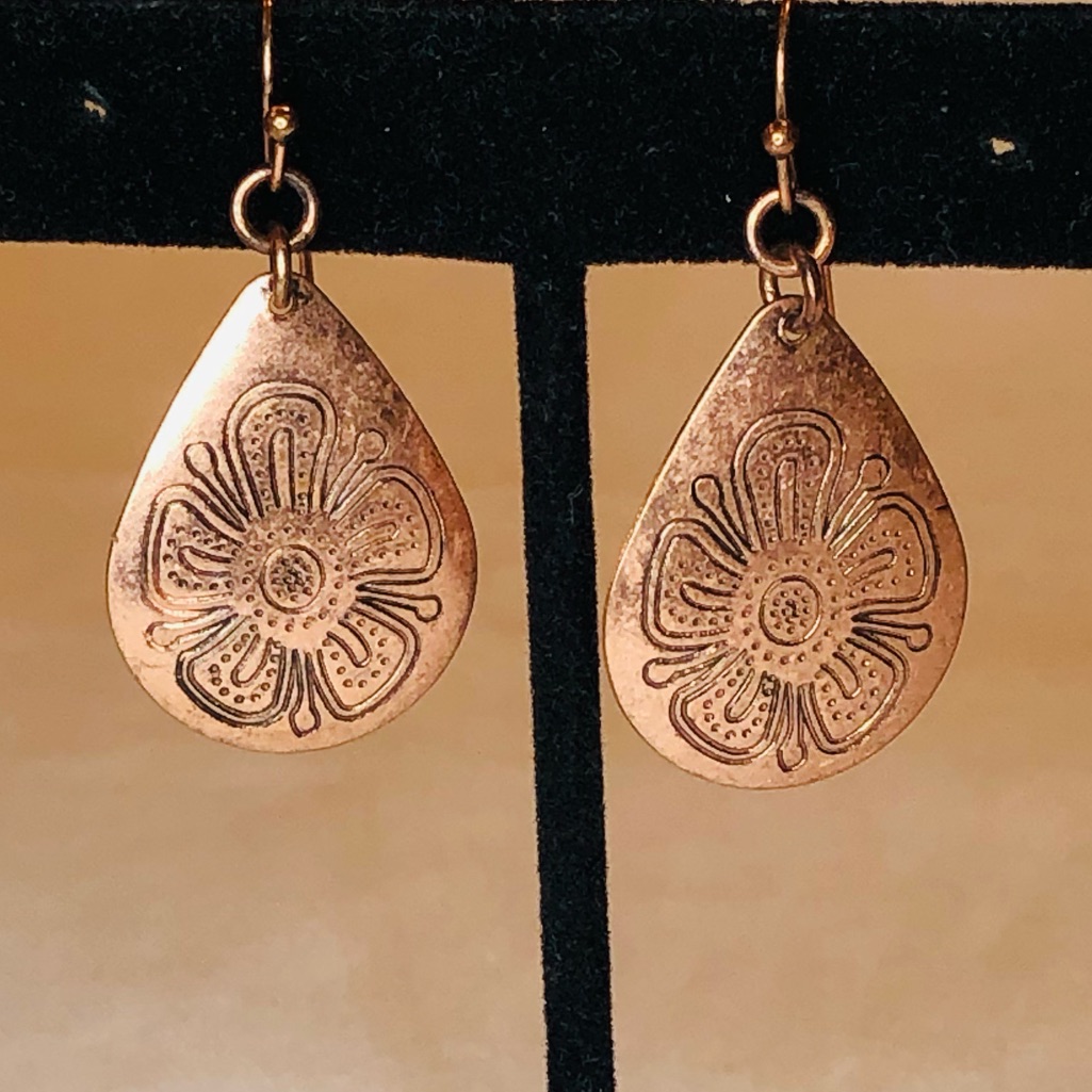 Copper Floral Etched Teardrop Earrings Boho Wester